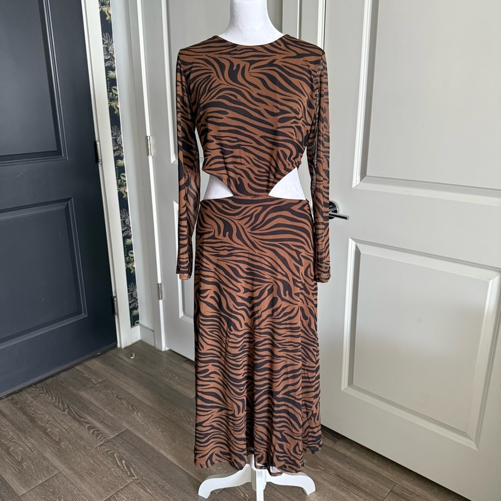 Anna Brown and Black Zebra Print Mesh Midi Cut-out Dress Size M